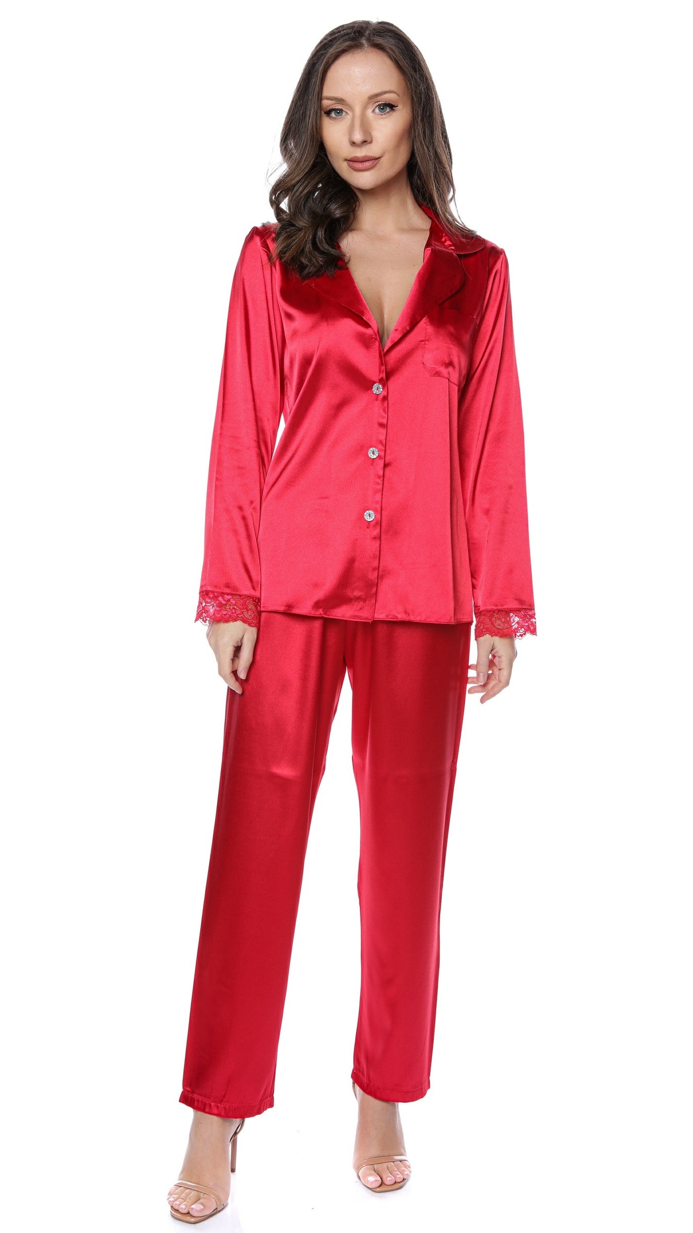 Set Pijama Clasică din Satin pentru Damă, cu nasturi și mânecă lungă – Corina