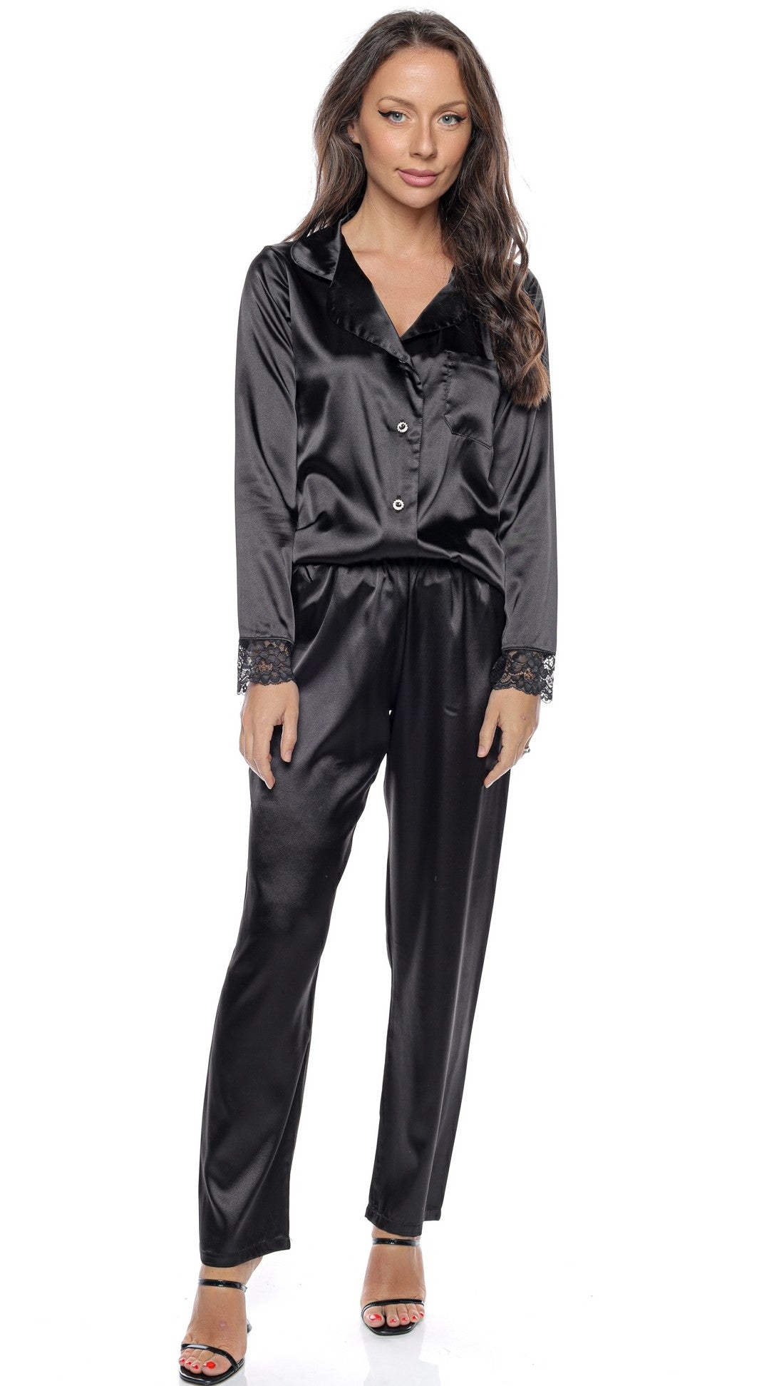 Set Pijama Clasică din Satin pentru Damă, cu nasturi și mânecă lungă – Corina