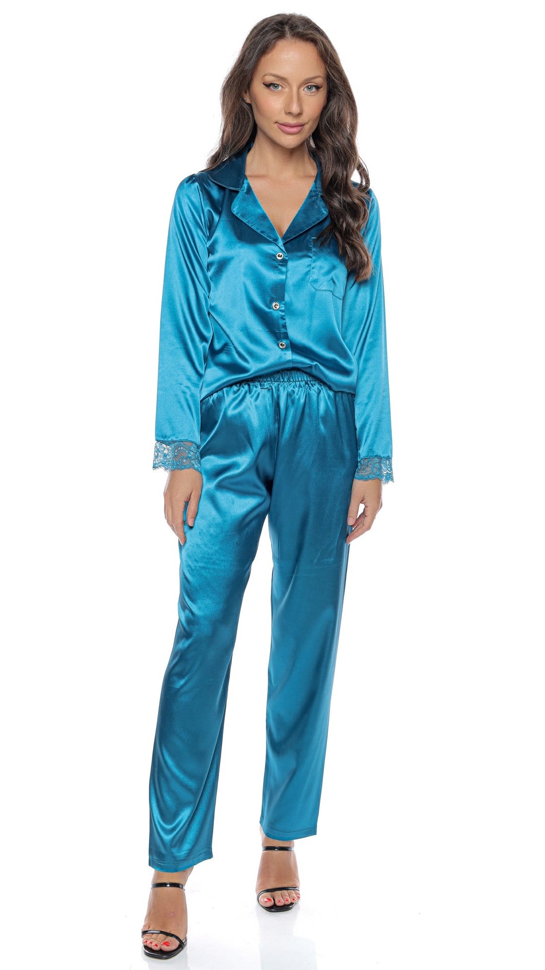 Set Pijama Clasică din Satin pentru Damă, cu nasturi și mânecă lungă – Corina